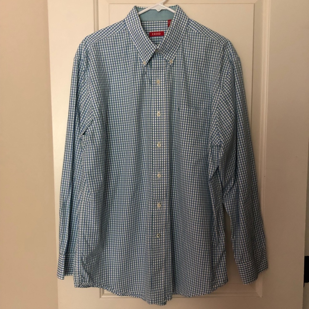 Izod men’s green + blue plaid button down shirt
